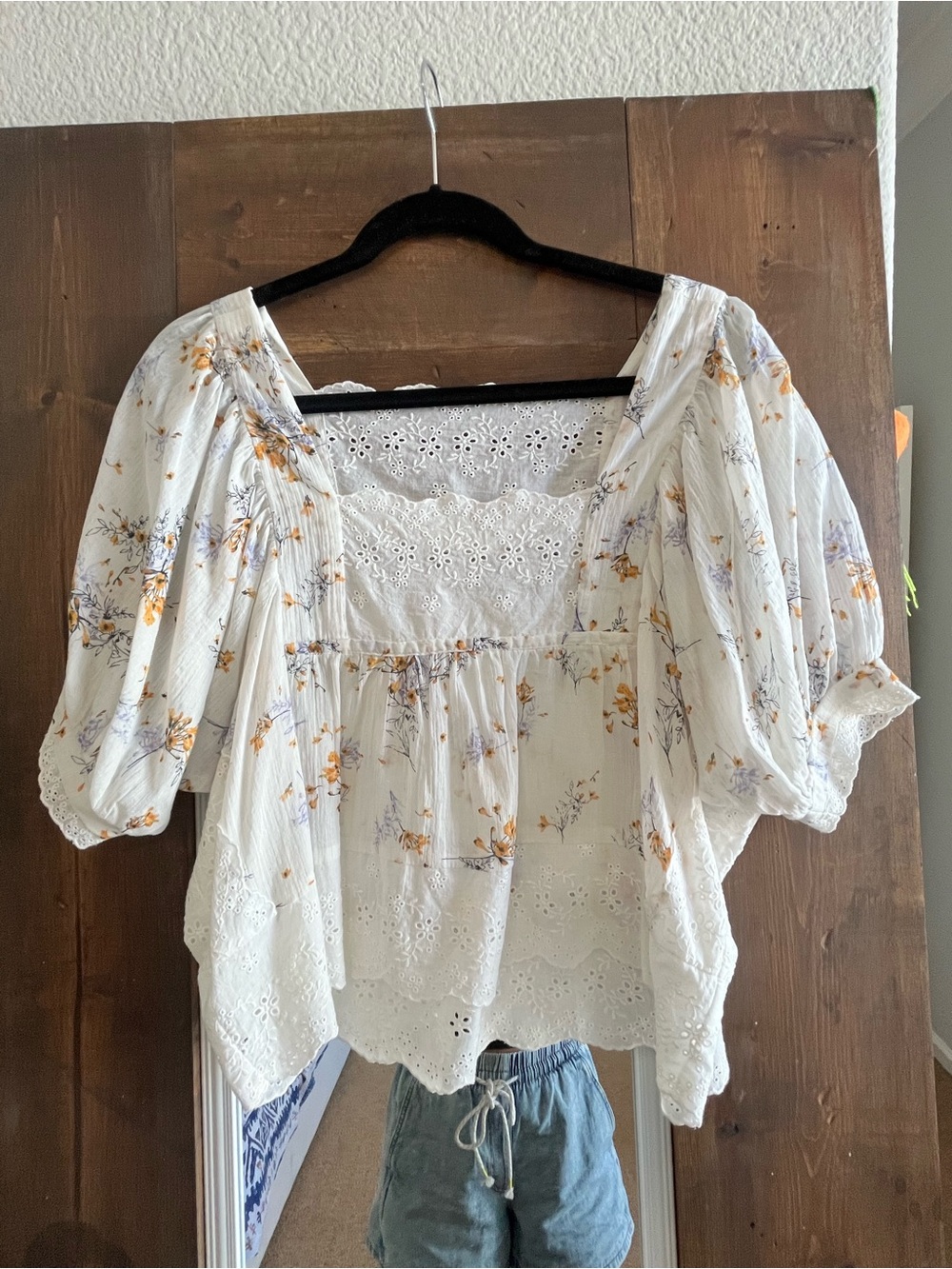 White Floral Eyelet Square-Neck Peasant Blouse